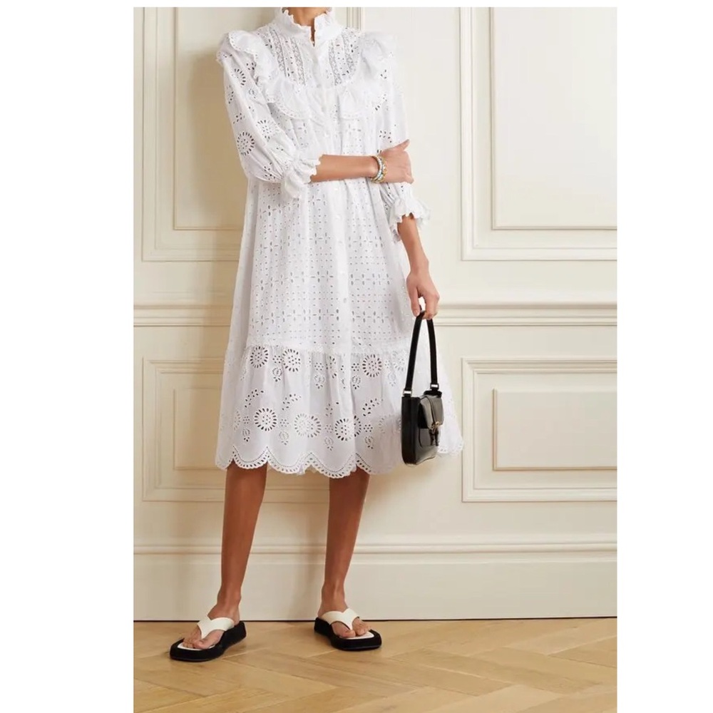 $495 LoveShackFancy Elspeth White Lace Crochet Scalloped Broderie Shirt Dress XS